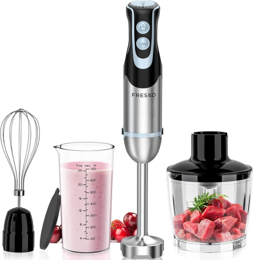 4-en-1 Mixeur Plongeur,Mixeur Plongeur de 1000W avec 12 vitesses et mode turbo, Lames en acier inoxydable 304, Comprend une tasse à mesurer, Une tasse hachoir et un fouet(HB3302) Mixeur + Fouet + Verre Doseur + Hachoir