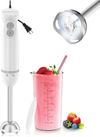2 en 1 Mixeur Plongeant, 1000 W, en Acier Inoxydable, 2 Vitesses, avec Verre Doseur de 700 ml et Couvercle, pour Préparations pour Bébés, Soupes, Smoothies et Purées Mixeur +Verre Doseur