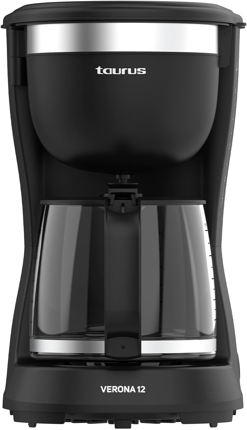 TAURUS Cafetière Verona 12, 680 W, 1250 ml, plaque chauffante Intense Flavour Tech, filtre permanent lavable, verseuse en verre anti-goutte, design compact en noir mat, sans BPA