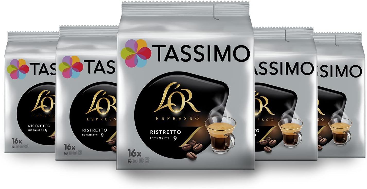 , 80 Dosettes Café Espresso Ristretto L'OR, Compatibles avec les machines TASSIMO, 80 Cafés, Corsé et Puissant, 5 packs de 16 dosettes ( L'emballage peut varier ) L'OR Ristretto 16 unité (Lot de 5)
