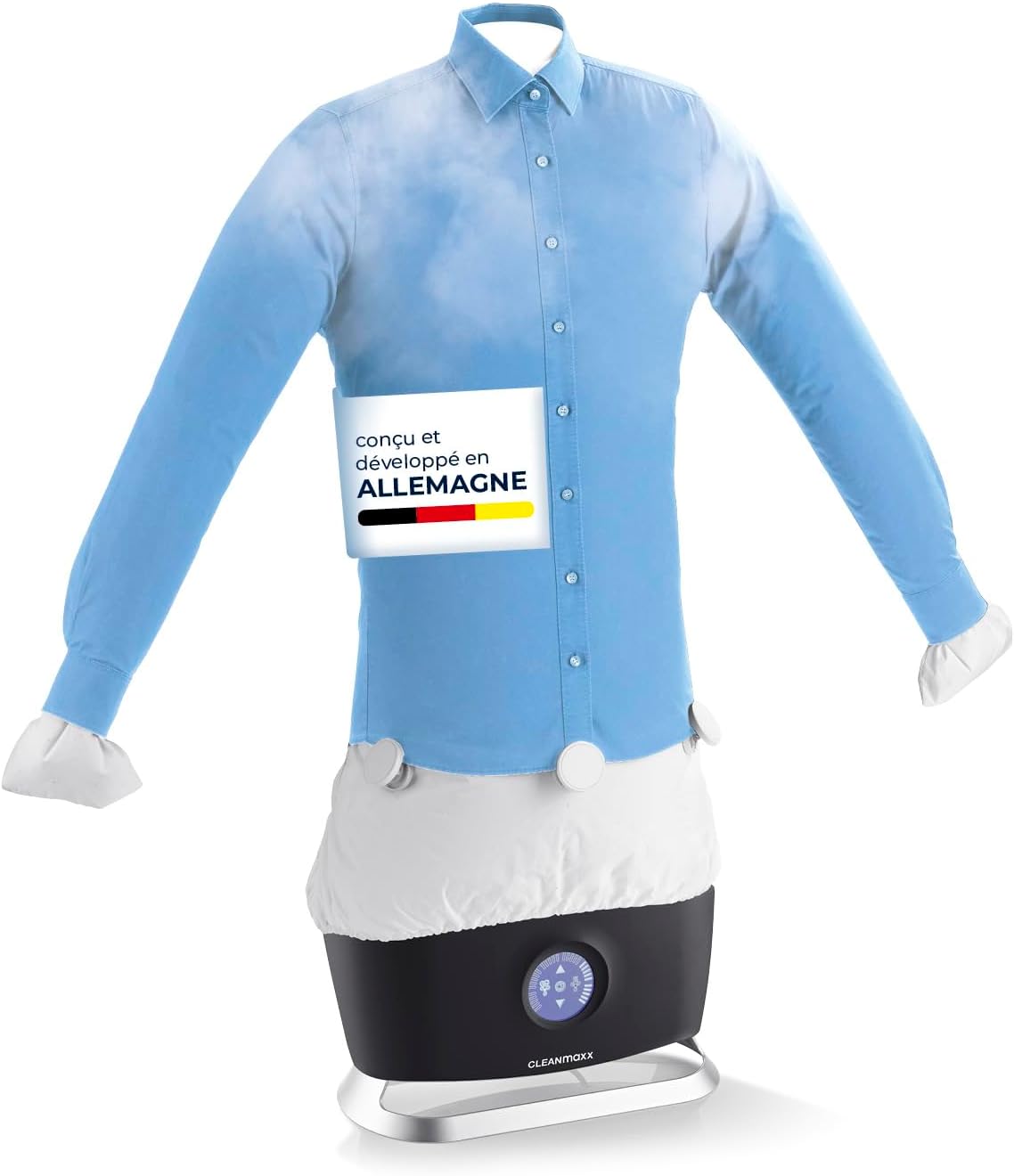 CLEANmaxx Pro Steam - Fer à repasser automatique pour chemises et chemisiers - Avec fonction vapeur et écran tactile - Réduit les odeurs, désinfecte, lisse, sèche et rafraîchit Pro Steam Noir