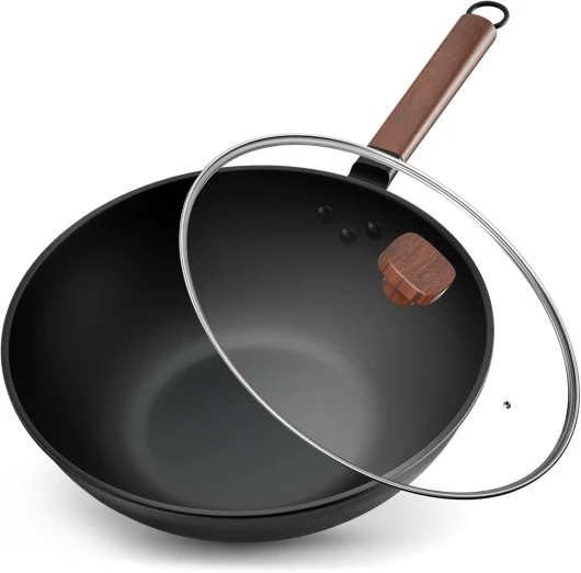 33 cm/5,6L Wok en Acier au Carbone Avec Couvercle - Sans Revêtement Chimique - Cuisiner des Plats Asiatiques pour 4-6 Personnes - Convient à Induction/Electrique/Gas Noir