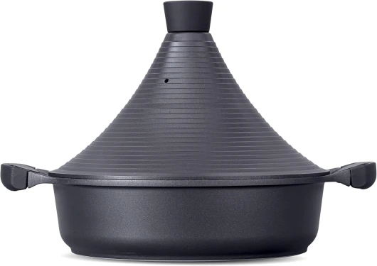 Marmite à Tajine Marocaine - Intronisation - Couvercle auto-arrosant 28 cm de large en Métal - Capacité de 4,1 L - Casserole de Tajine à Cuisson lente Traditionnelle Super Antiadhesive (Svart)