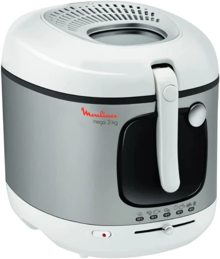 Friteuse à huile, Cuve 3 L, Revêtement antiadhésif, Thermostat, Voyant lumineux, Tamis filtrant breveté, Filtre charbon, Mega AM480070, Blanc / Silver 3,3L d'huile, 2 kg de frites
