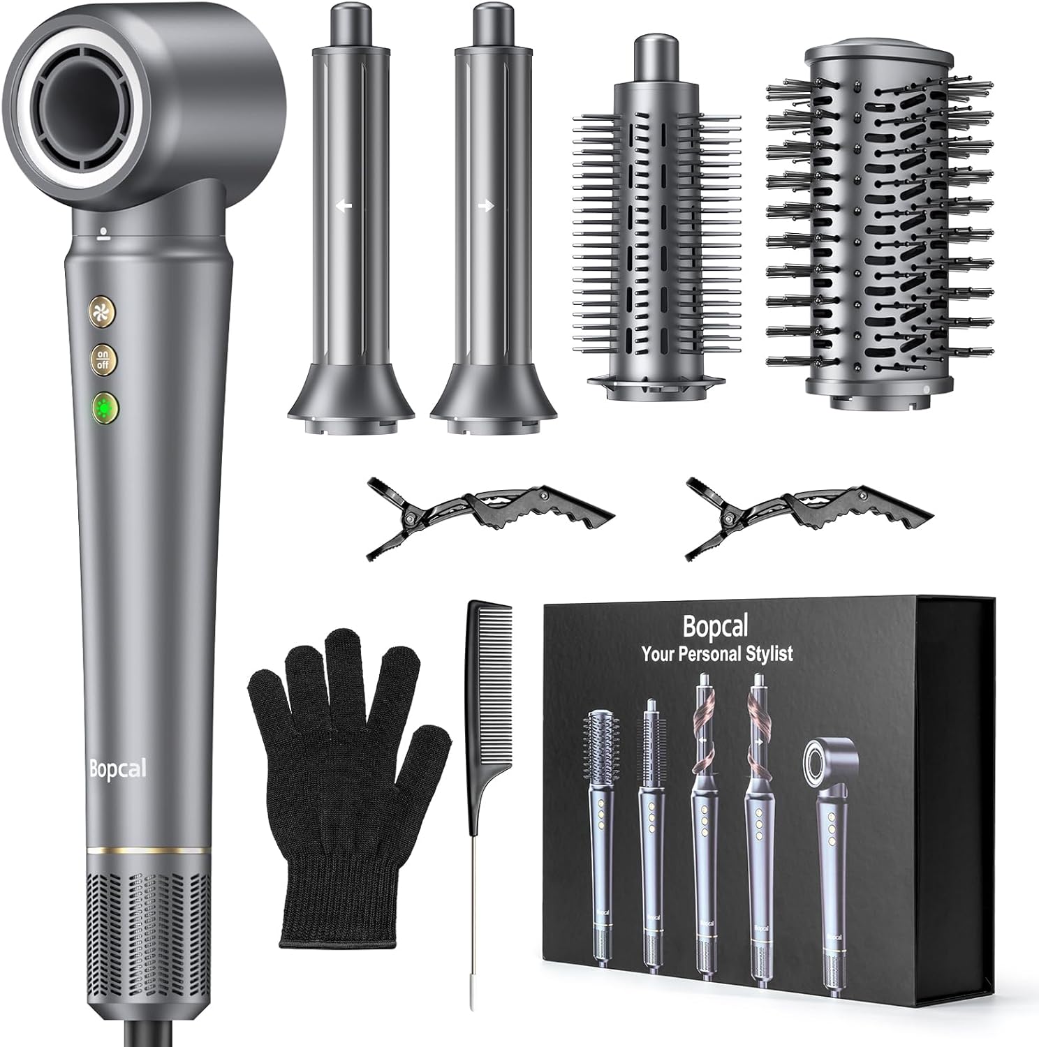 Sèche Cheveux Professionnel 5 en 1 - Air Styler 160K RPM, Brosse Soufflante avec 500M Ionique Négatif, Fers à Boucle Automatique 32mm, Rapide et Facile, Maison/Voyage, Coffret Cadeau Luxe Gris