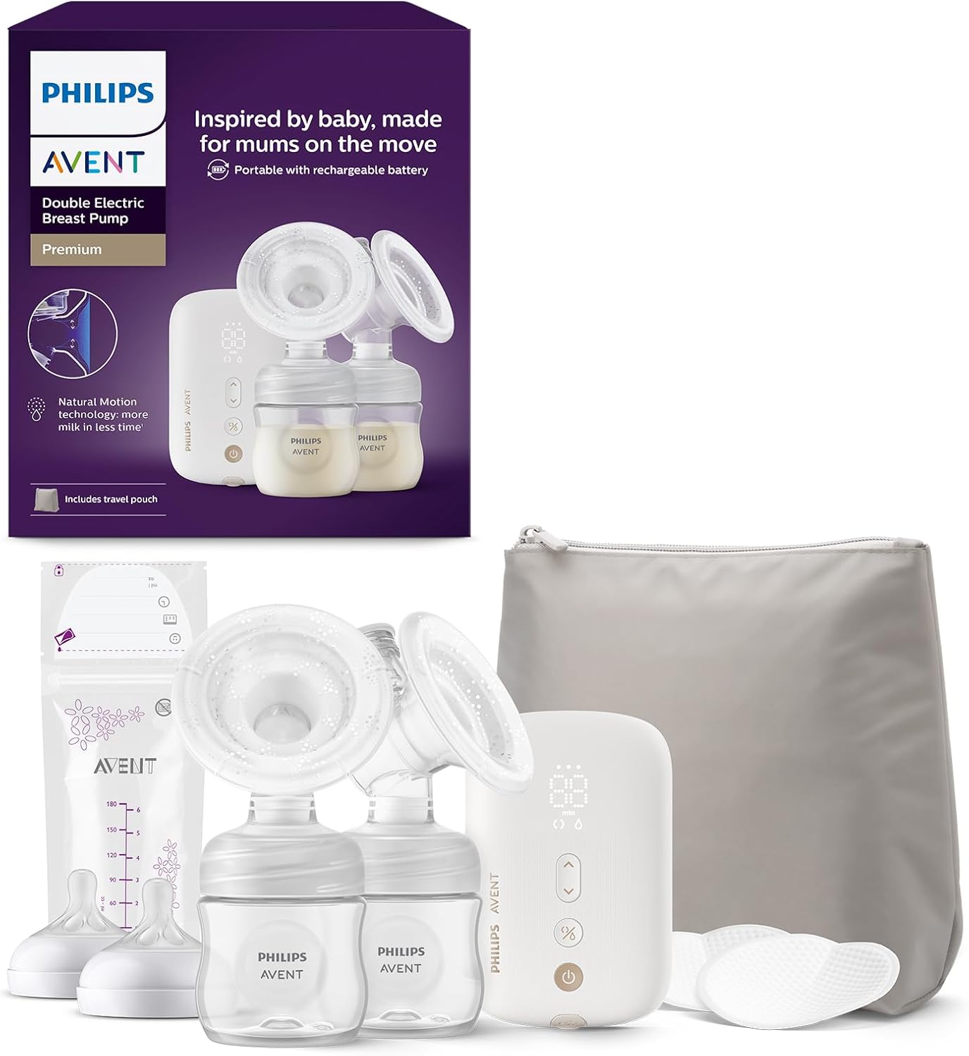 Avent - Tire-lait électrique double, qualité hospitalière et moteur rechargeable, inspiré par la tétée naturelle de bébés, trousse de transport, modèle SCF398/31