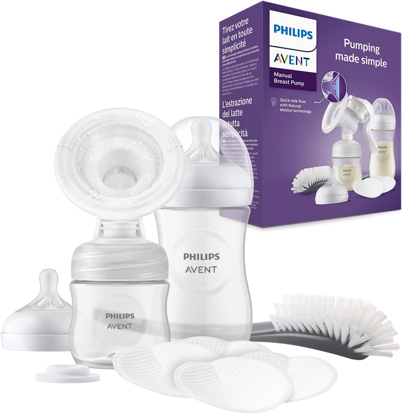 Avent Kit allaitement avec tire-lait manuel simple, coussin souple et adaptatif, biberons de 260 ml et 125 ml, sans BPA, 4 coussinets d'allaitement jetables (Modèle SCD430/60)