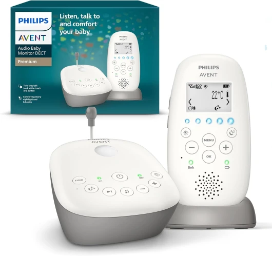 Avent DECT - Écoute-bébé Audio avec veilleuse à Projection d'étoiles, berceuses, Conversation bidirectionnelle, portée de 330 m, autonomie de 24 h, Mode Nuit, modèle SCD733/26