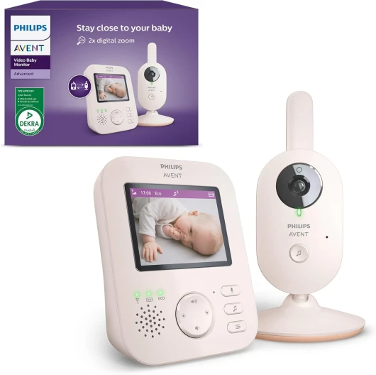 AVENT Philips Babyphone vidéo Advanced, Certifié DEKRA, 100% privé et sécurisé avec caméra et Audio, Corail/crème, écran de 2,8", Zoom x 2, Vision Nocturne, Audio bidirectionnel, berceuses, SCD881/26