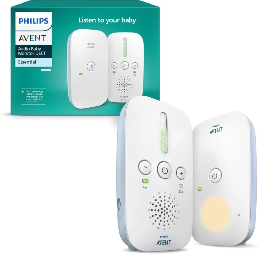 Avent DECT - Écoute-bébé audio bidirectionnel, sans interférence, portée de 330 mètres, autonomie de 24 heures, mode Smart ECO, veilleuse, SCD503/26