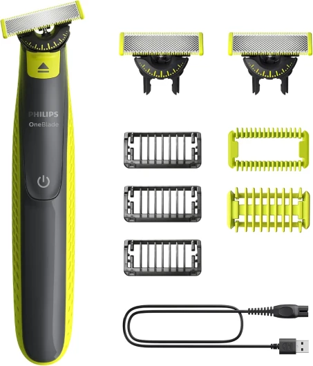 OneBlade 360 Authentique Visage + Corps - Tondeuse à barbe électrique, tondeuse corps et rasoir avec technologie de lame 360, 2 lames 360, 3 sabots barbe de 3 jours, 1 kit Corps, QP2824/31