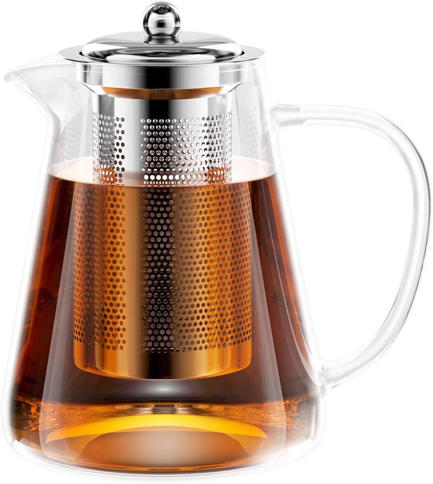 Gvolatee Théière en verre 1300 ml avec passoire, service à thé en verre borosilicate, théière en verre, théière en verre avec passoire, œuf à thé pour feuilles lâches