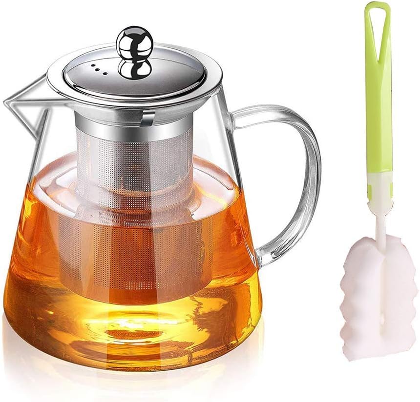 Théière en verre avec infuseur, Théière en verre avec brosse à tasse，Théière en verre résistant à la chaleur avec infuseur amovible, Théière en verre borosilicate transparent pour thé en vrac 750 ML YXTeapot 750