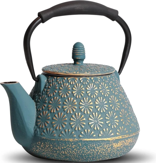 MILVBUSISS Théière en fonte - 950 ml - Motif fleurs de Sakura japonaises - Passe sur la cuisinière - Infuseur pour feuilles en vrac et café - Poignée en silicone - Intérieur en émail - Bleu Blue