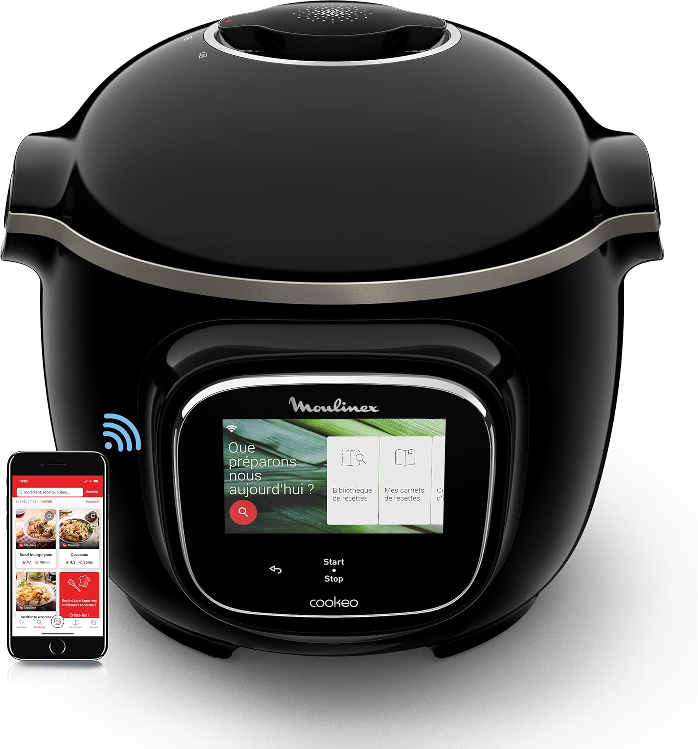 Cookeo Touch Wifi Multicuiseur intelligent, Cuve 6 L, Haute pression, Guide pas à pas, 250 recettes intégrées, Application Moulinex CE902800, Noir