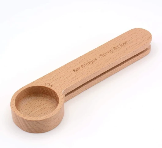 Bar Amigos Cuillère Doseuse à Café avec scelleuse de sacs, cuillère à café poudre en bois et sac Clip cuillère à soupe Mesure 2 en 1 Sacs sealer pour sol grains de café Espresso, café et thé herbes