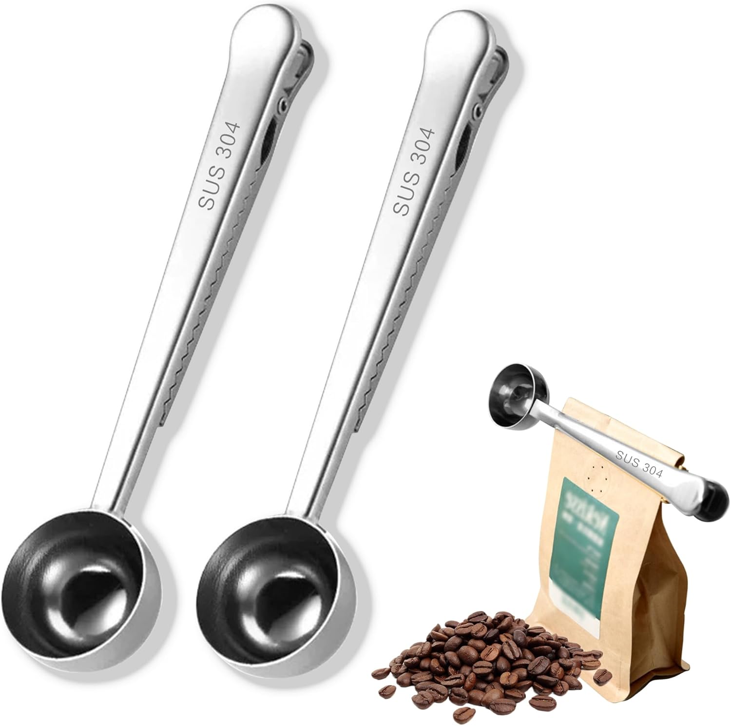 2 pièces Pince à cuillère à café, Cuillère Doseuse à Café, Cuillère à Café Multifonction, Pour le café moulu, les grains de café, le thé, le lait en poudre, le sucre, la farine d'avoine (Argent)