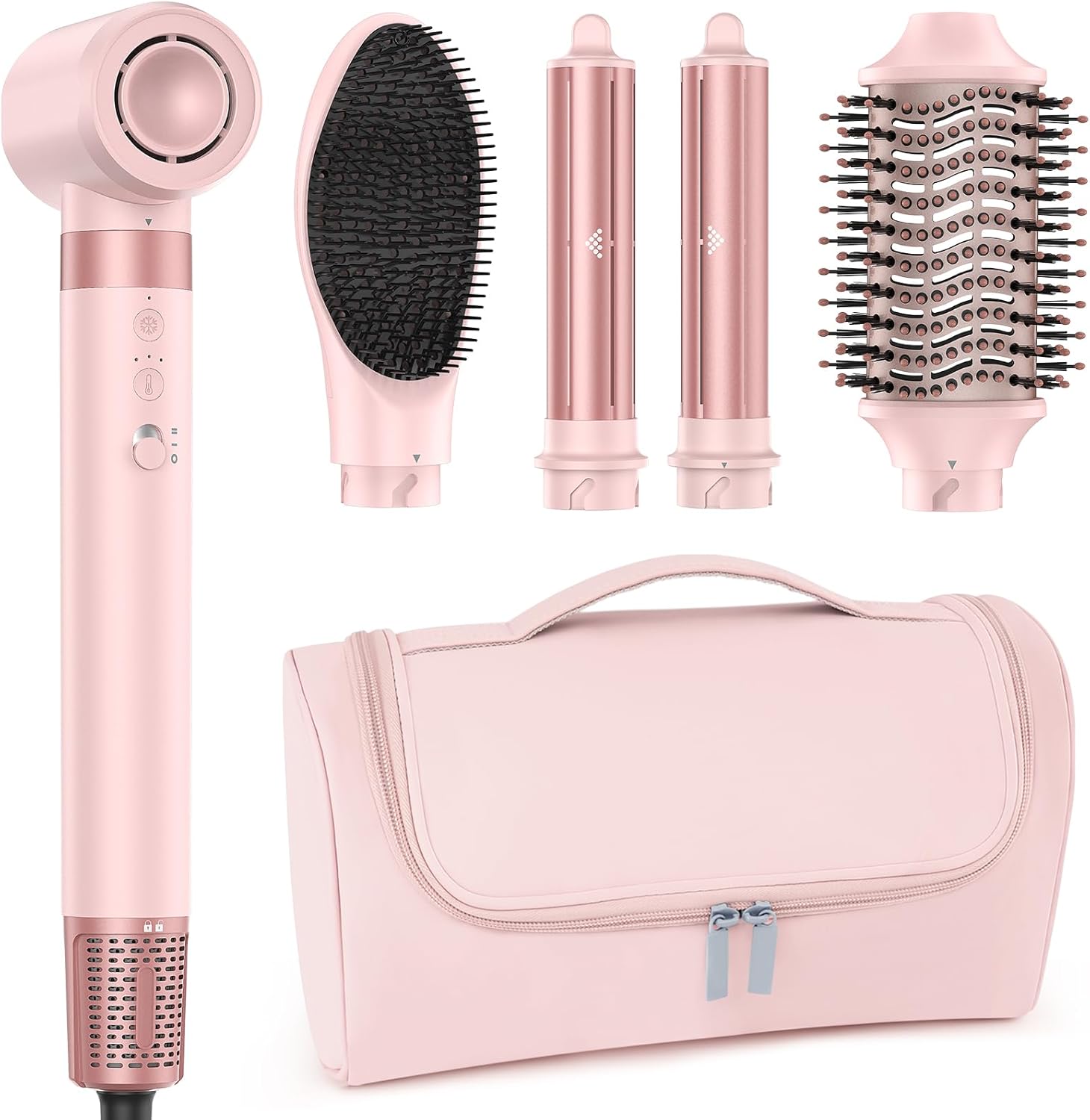 MESCOMB Sèche Cheveux Air Styler 5 en 1 Multifonctionnel 110000 RPM Brosse Soufflante avec Auto Boucleur a Air, Thermal Brush pour Sécher Boucler Lisser Trousse de Rangement Pink Doux