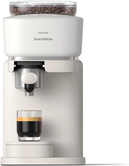 Baristina Machine à expresso - Un véritable expresso, en toute simplicité - Compacte - 16 bars de pression - Broyeur intégré - Machine blanche avec porte-filtre blanc (BAR300/00) Machine blanche avec porte-filtre blanc Blanc