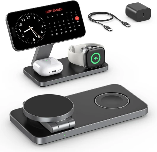 Chargeur sans Fil avec Mag-Safe, 3 en 1 Station de Charge pour Apple, Pliable Chargeur inductif sans Fil pour iPhone 16 15 14 13 12, Apple Watch, AirPods Pro avec Adaptateur Rapide Noir
