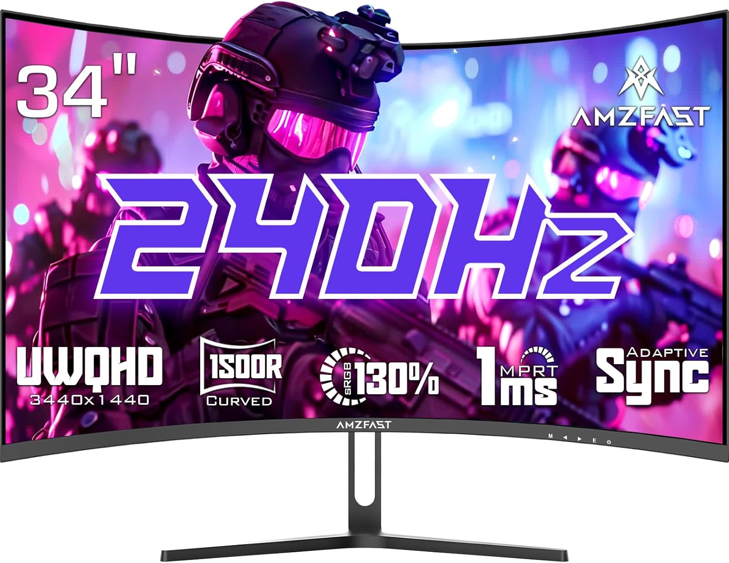 Amzfast Ecran Pc Gamer Incurvé 34 Pouces - UWQHD 3440x1440 (21:9), 240 Hz, 1 ms MPRT, AMD FreeSync Premium, sRGB 130% / DCI-P3 98%, HDMI 2.1, DisplayPort, Eye Care, VESA 75x75, PIP/PBP 34 pouces WQHD courbé 240Hz/HDMI*2+DP*2