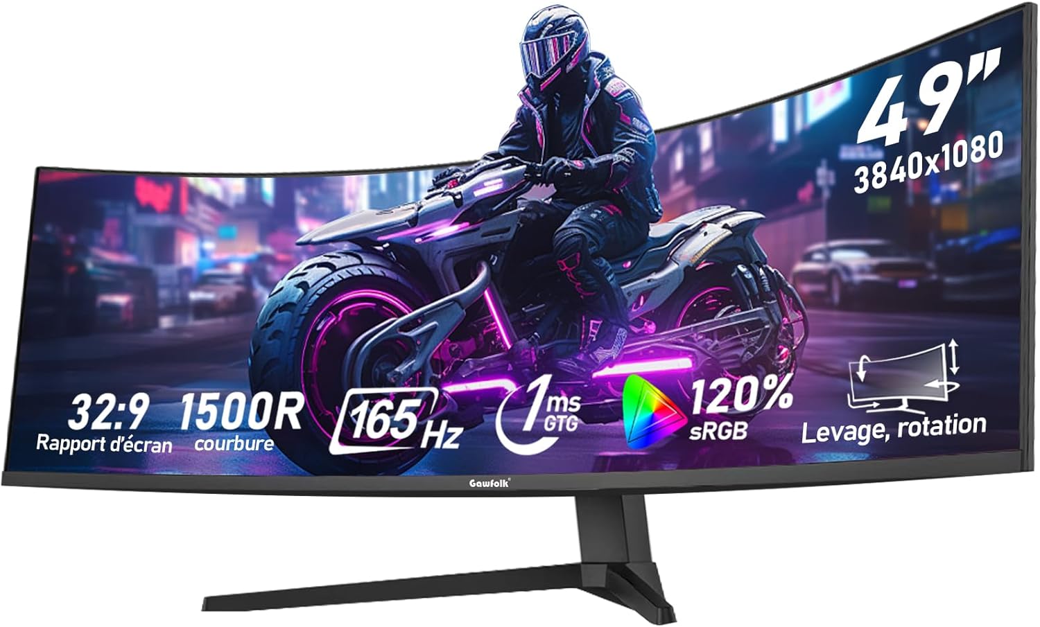 49 Pouces Écran PC d'ordinateur de Jeu 1500R Ultra-Large incurvé, DFHD (3840×1080), 165Hz, 1MS, FreeSync, 120% sRGB, Moniteur réglable en Hauteur, HDMI2.0、DP1.4, VESA 100 * 100mm-Noir 49 Pouces DFHD 165Hz
