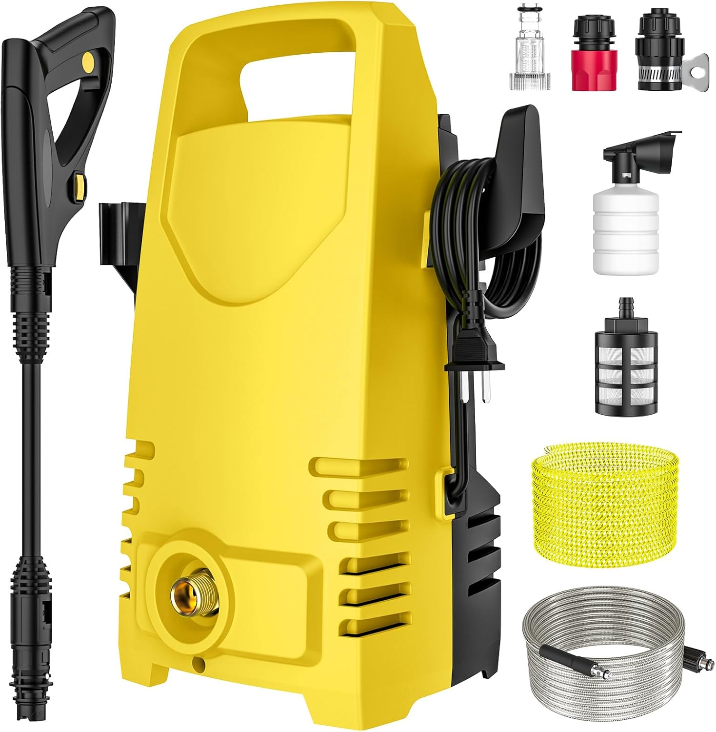 Nettoyeur Haute Pression, 50 Bar Nettoyeurs Haute-Pression, 0-160° Tête Rotative, Puissance de 1000 W, Débit de 5.0 l/h, Tuyau de Sortie 10M + Tuyau D'entrée 2M, Filtre à Eau, Vaporisateur de Mousse