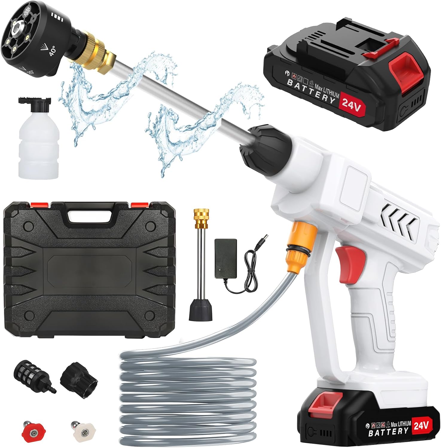 Nettoyeur Haute Pression avec Buse 6 en 1, 260 PSI Nettoyeur Haute Pression sans Fil avec 2 Batteries, avec Tuyau de 5M, Pot en Mousse, Adapté pour Nettoyer Les Voitures, Sols