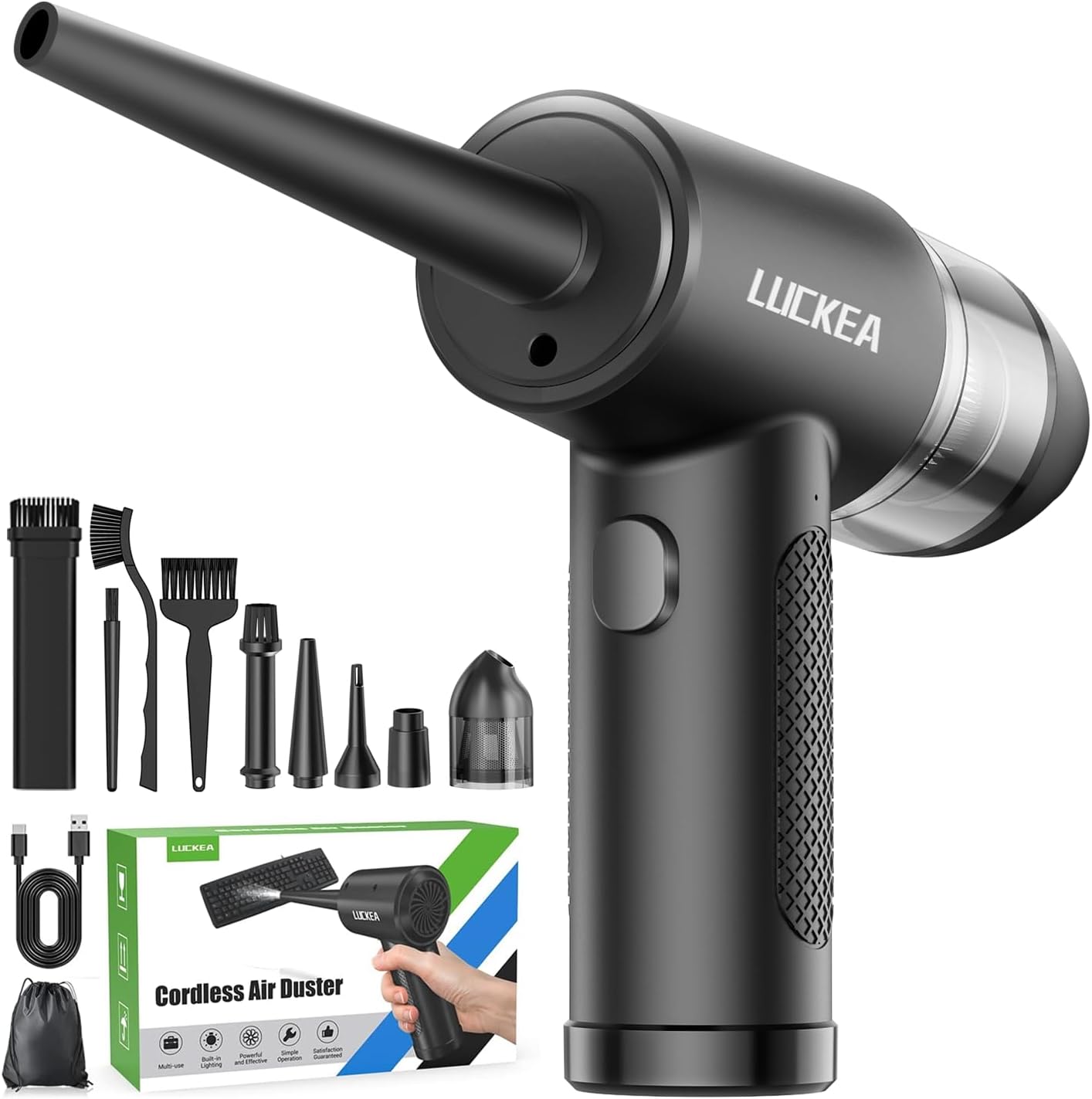 Souffleur Air Comprimé et Souffleur PC - 3 Vitesses Aspirateur PC avec Lumière LED, Batterie 6000mAh, 3 Brosses de Nettoyage PC, Mini Souffleur Voiture, Alternative au Bombe Air Sec, Air Duster ‎C4915-10