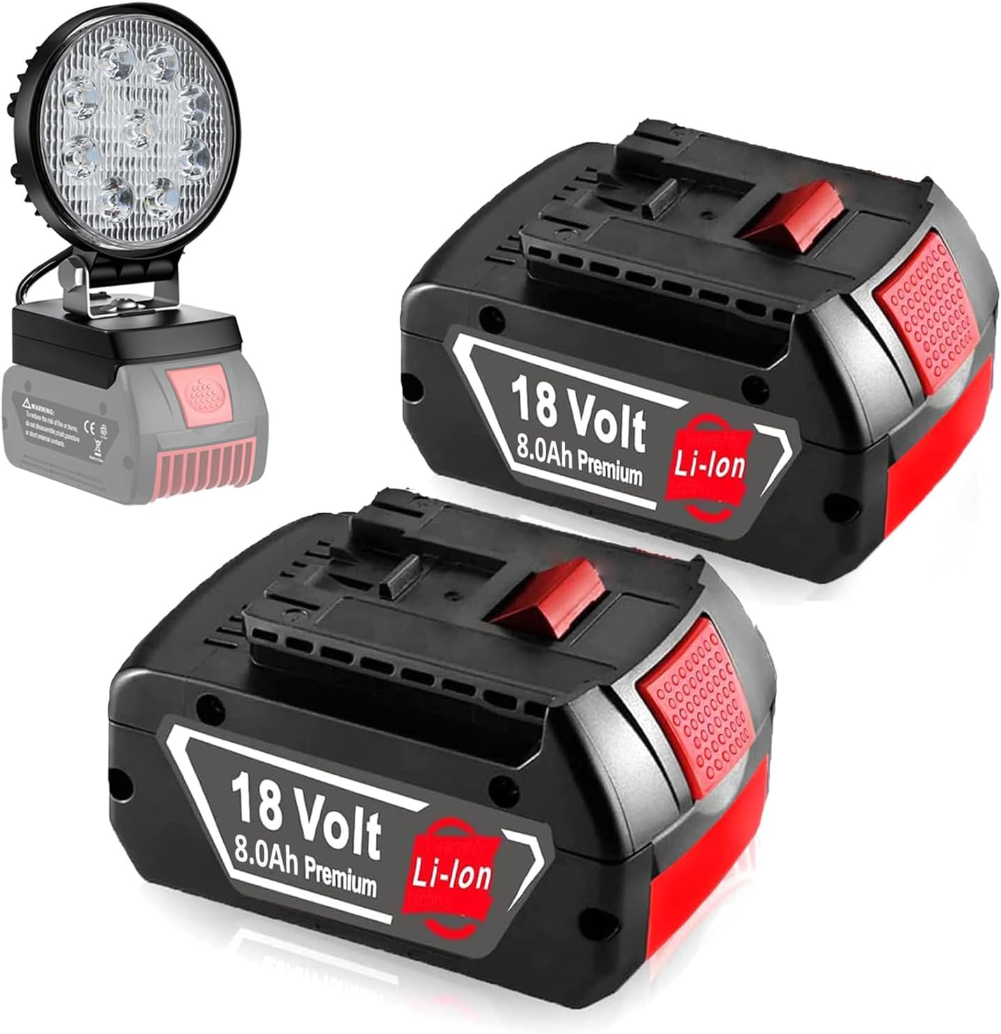 Lot de 2 batteries de rechange 18 V 8000 mAh pour Bosch compatibles avec GBA BAT618 BAT618G BAT609 BAT609G BAT619 BAT619G BAT610G BAT610 BAT612 BAT622 + projecteur de chantier LED
