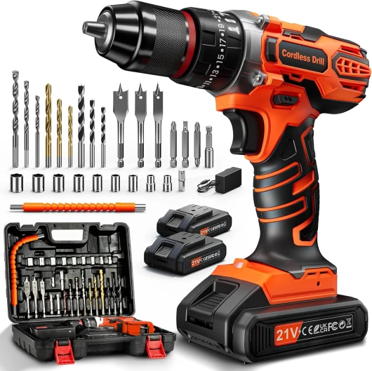 Perceuse Visseuse Sans Fil, 21V Visseuse Devisseuse avec 2 Batteries, 45Nm Perceuse Percussion, 25+3 Réglages de Couple, 10mm Métal Mandrin Verrouillage, 2 Vitesses, 27 Accessoires, LED Light Orange