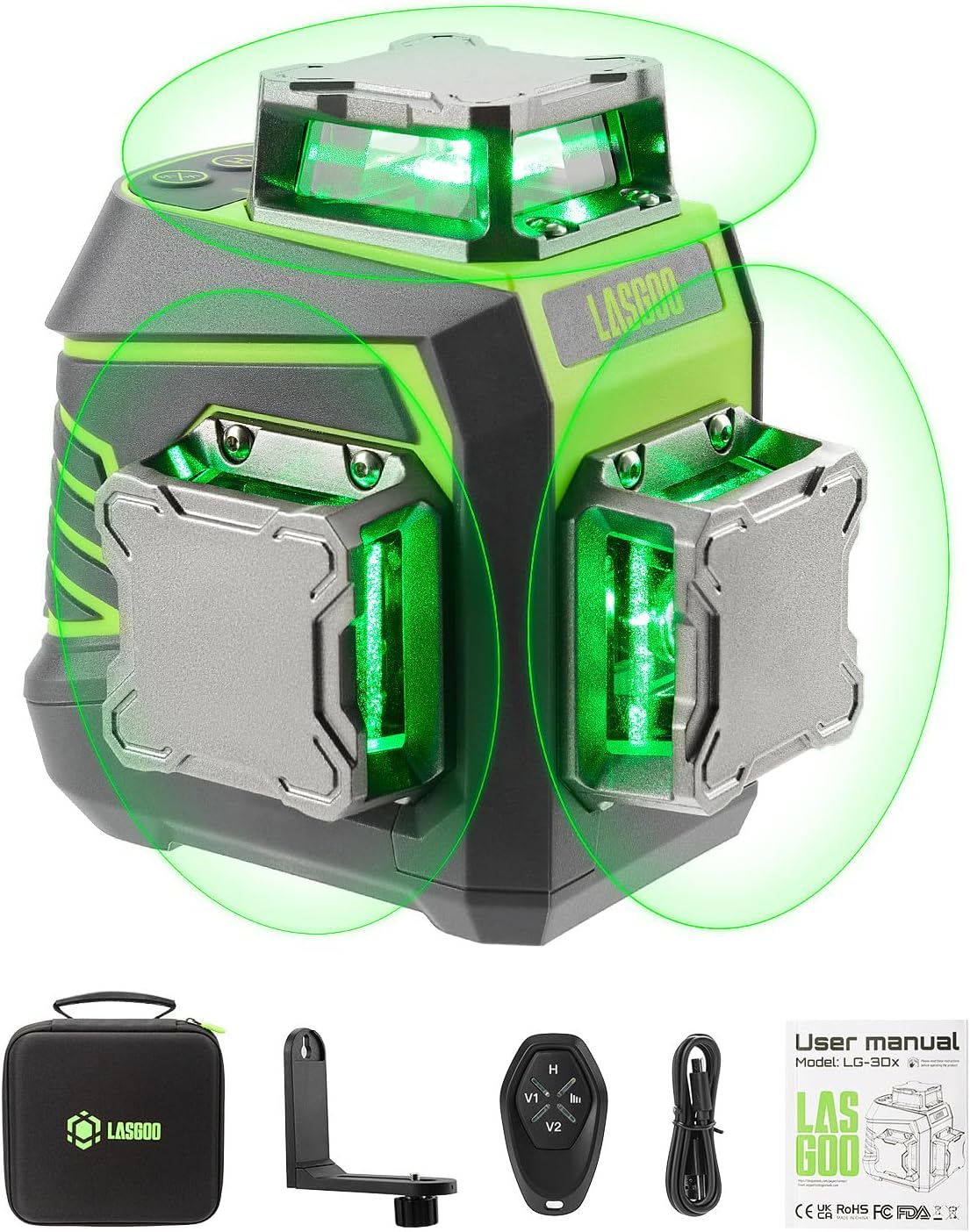 Niveau Laser 3x360° Auto-nivelant, Laser à Lignes Croisées Vertes pour la Construction et l'Accrochage de Photos, Batterie Rechargeable, Télécommande, Support Rotatif Magnétique Inclus - LG-3Dx