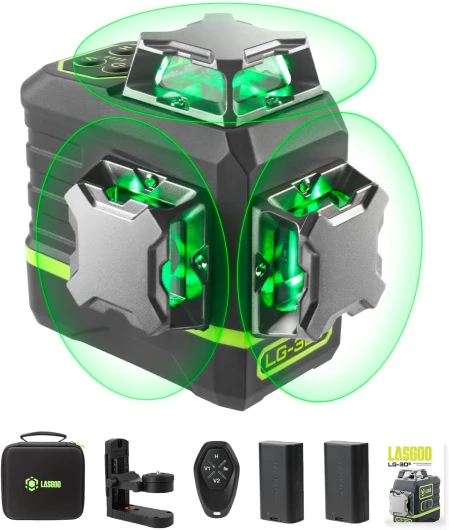 Niveau Laser Auto-Nivelant 360°x3, Outil Laser à croix vertes pour Construction et fixation d'Images, Télécommande, Support Rotatif Magnétique Professionnel, 2 Batteries Rechargeables - LG-3Ds
