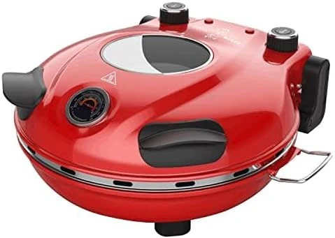 Klaif Four à Pizza Electrique, Thermomètre Visible & Fenêtre en Verre, 4 Minutes Four à Pizza avec Pierre Céramique 31 cm, 5 Niveaux de Température Max 420°C, 1200W Rouge