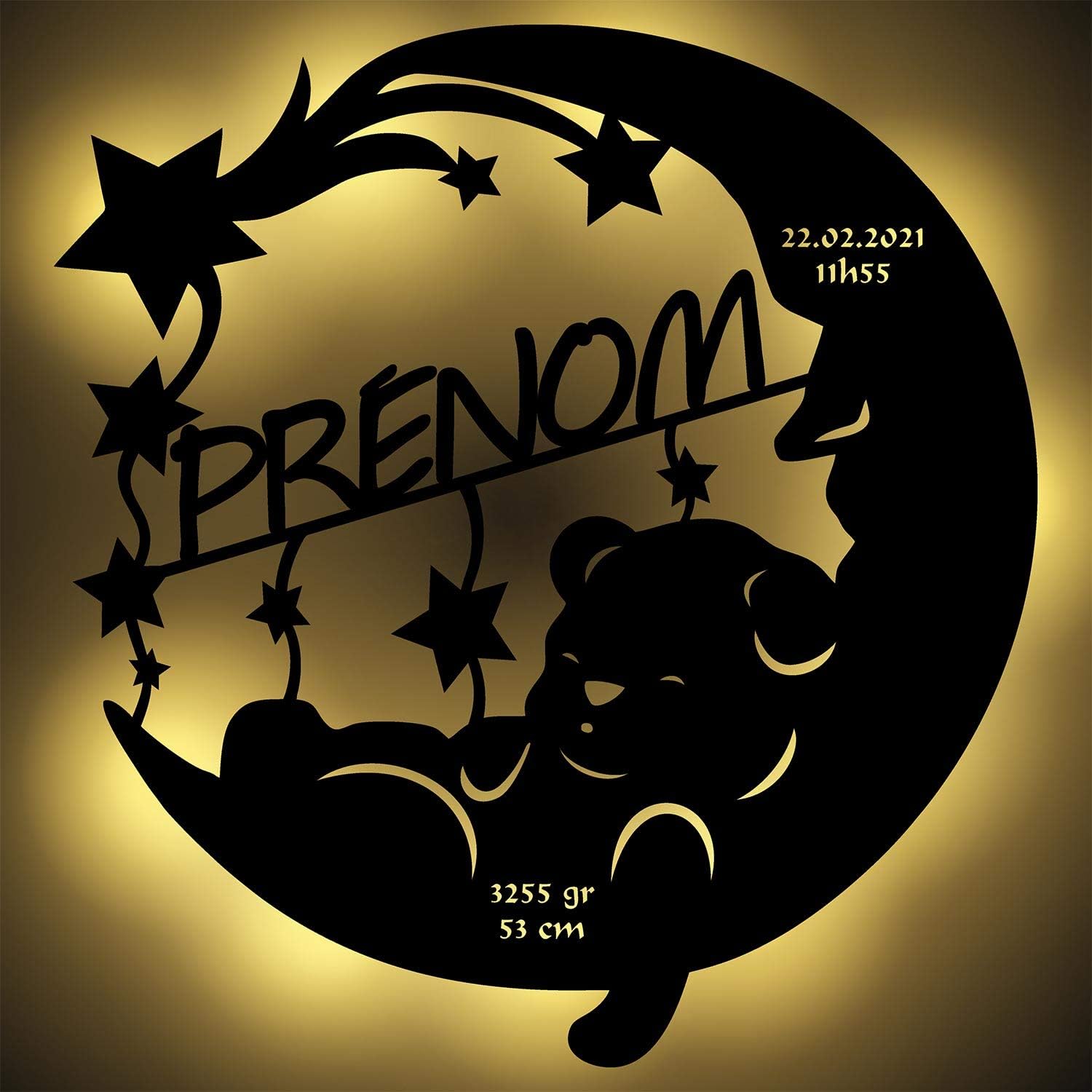 Veilleuse LED pour bébé, Nom personnalisable, Cadeau de baptême pour garçon et fille, Classe d'énergie A++ Bois