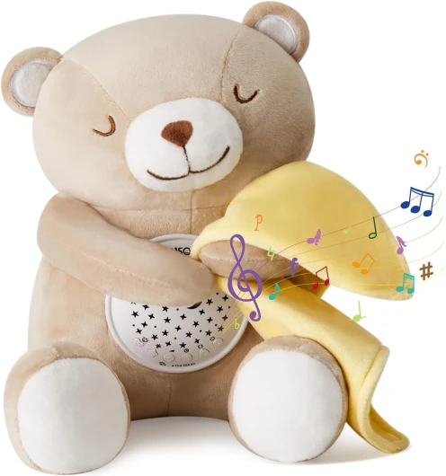 APUNOL Jouet en Peluche Musical et Lumineux Bébé, Veilleuse Apaisante pour Bebe, Poupée Ours avec Berceuse Projection Lumineuse et Bruit Blanc pour Bébé, Cadeau Bebe Naissance Brun Clair