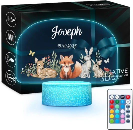 Veilleuse Bebe Personnalisé LED - Plaque Personnalisée avec Prénom - Motif Animal - Cadeau Bebe Naissance - Cadeau Naissance Fille - Idee Cadeau Noel pour Garcon - Éclairage Multicolore Animaux de la Forêt
