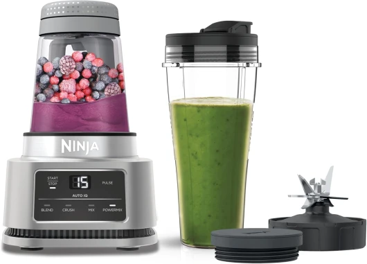 Foodi Power Nutri Blender 2-en-1, mixeur pour bols de smoothie et boissons glacées, programmes automatiques, gobelet de 700 ml et bol de 400 ml avec palette motorisée, 1100 W, Argent CB100EU