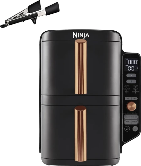 Double Stack XL Air Fryer, Friteuse sans huile Verticale Double Tiroir 4 Niveaux de Cuisson, 2 Tiroirs, 2 Grilles, Capacité de 9,5 L, 6 Fonctions, 8 Portions, Pinces, Noir/Cuivre SL400EUCP Tiroir double empilable 9.5L