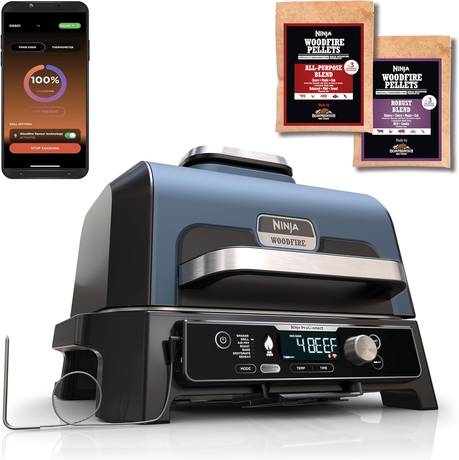 Woodfire Pro Connect XL BBQ Électrique Grill & Fumoir, Contrôle via App, Sonde Numérique, Grill Extérieur 7-en-1 & Friteuse sans huile, Pellets de Bois, Résistant aux Intempéries, Noir OG901EU Woodfire Grill Pro Connect XL