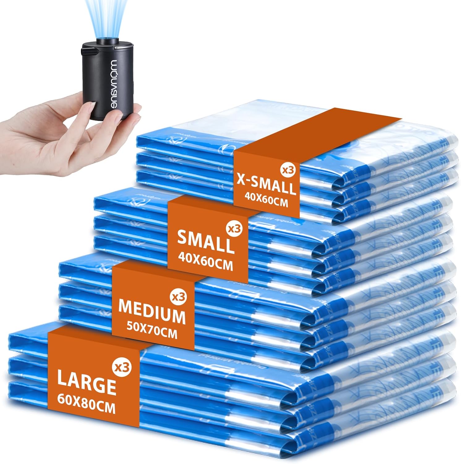 MONVANE Sac Sous Vide et Pompe Électrique Sans Fil 12 Pack - 3L 60 * 80cm 3M 50 * 70cm 3S 40 * 60cm 3XS 30 * 50cm, Mini Aspirateur et Housse de Rangement pour Vêtement, Voyages, Camping 12 Sacs et Pompe Sans Fil Pompe Sans Fil et 12 Sacs