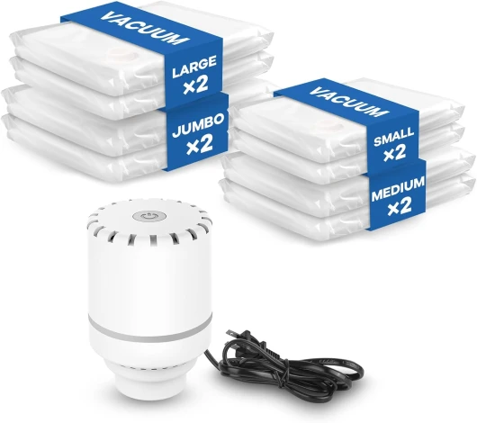 Sac Rangement Sous Vide Aspirateur, Ensemble De 8 (2 jumbo, 2L, 2M, 2S), Sac de Rangement Sous Vide Pour VêTements, Couettes, Voyages Pompe électrique + 8 sacs