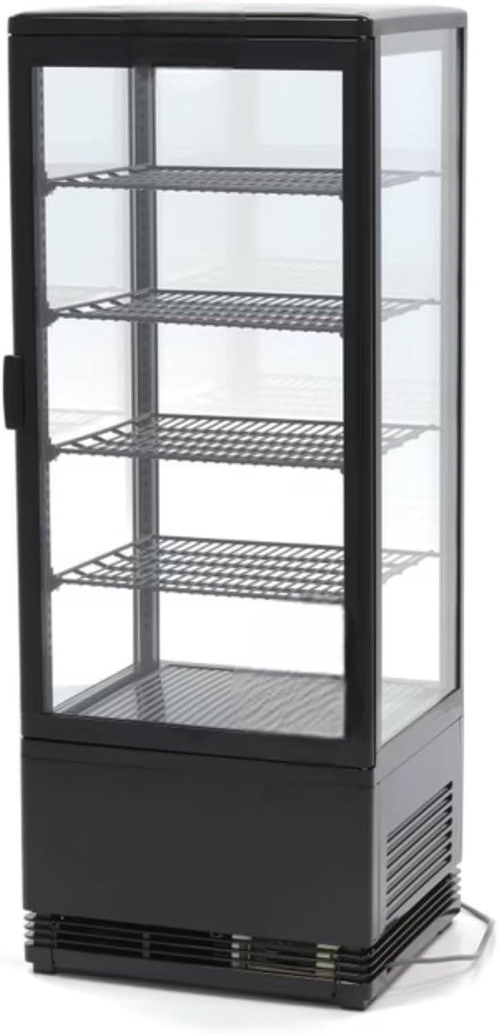 Générique Mini Vitrine Réfrigérée 98L – 4 Faces Vitrées – Froid Ventilé – Température 0/+12°C – Éclairage LED – Disponible en Noir ou Blanc – Idéale pour Boissons, Pâtisseries et Snacks (Noir)