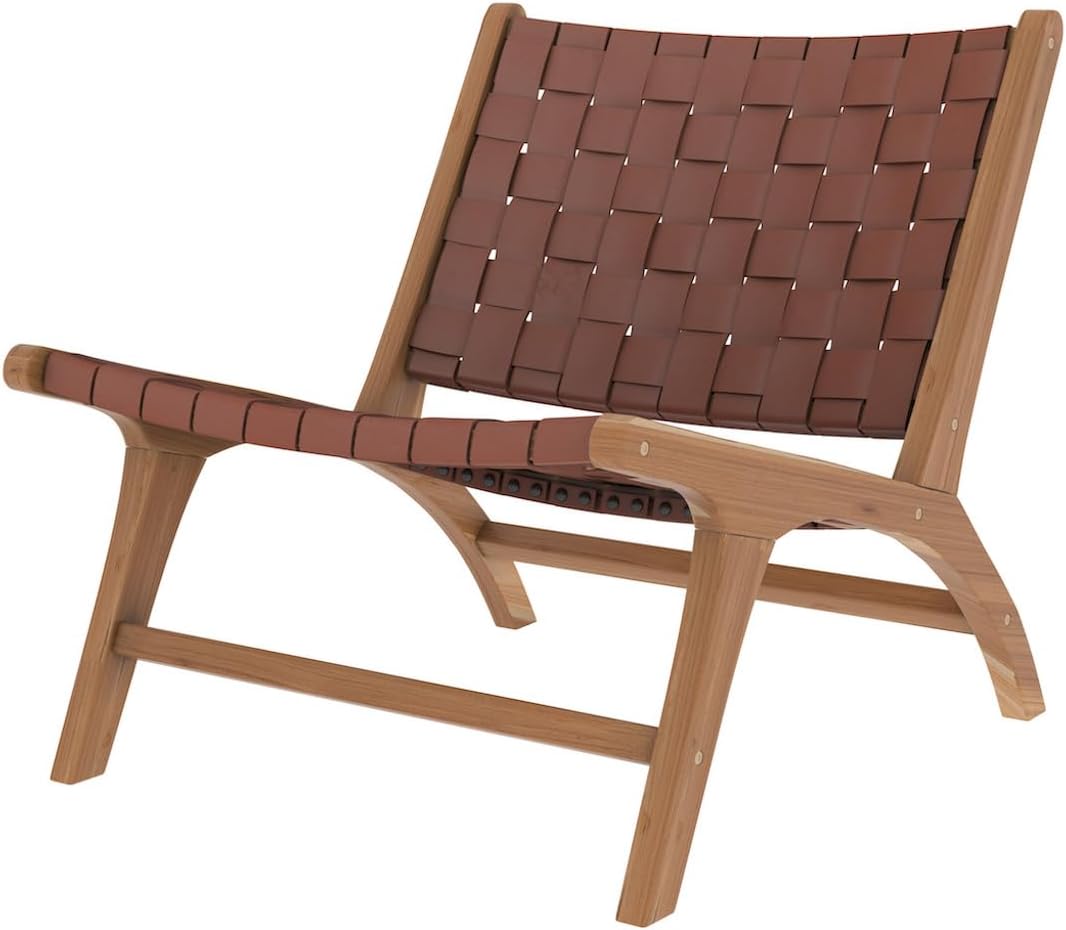 Fauteuil en Teck et Cuir tressé Marron