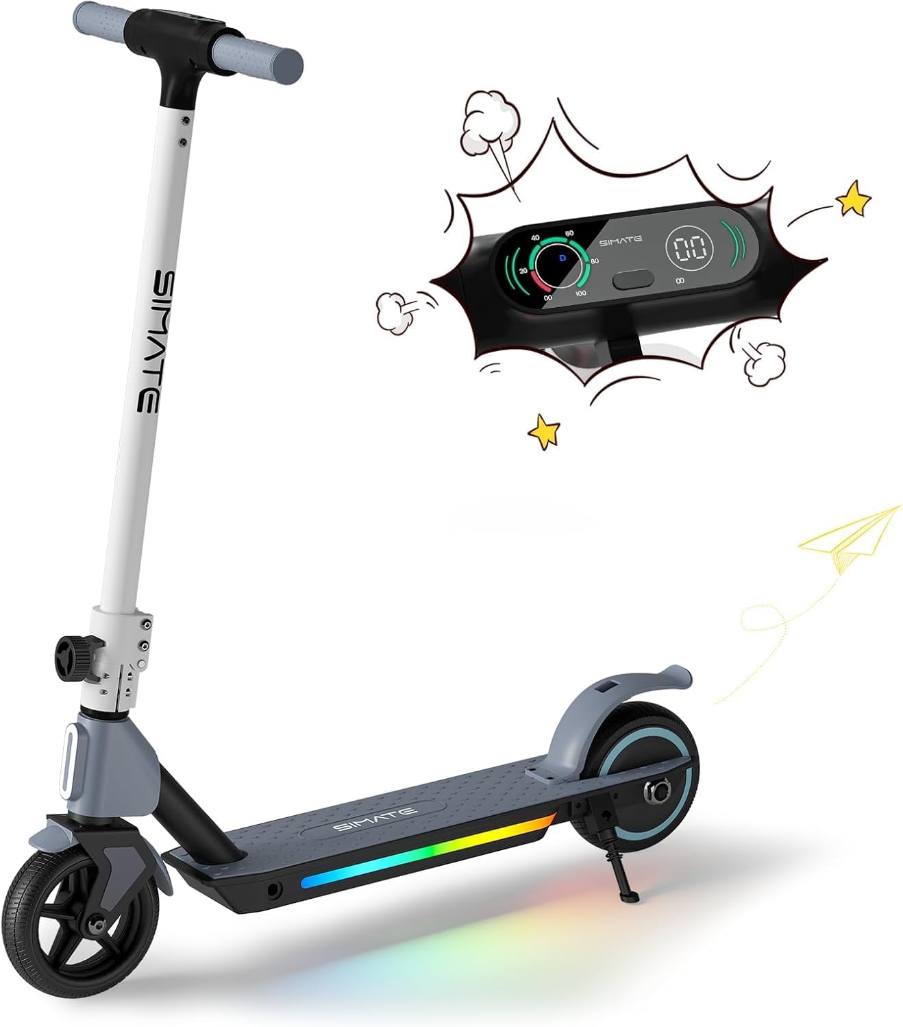E-RIDES Trottinette Électrique Enfant 130W - Trottinette électrique Pliable, Vitesse Maximale 15 km/H, 3 Modes de Vitesse, Affichage LED, Lumières Colorées,Cadeau Parfait pour Noël Gris