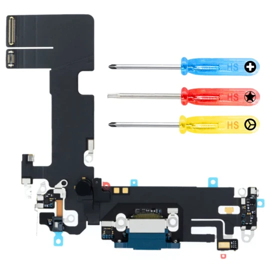 Connecteur de Charge Compatible avec iPhone 13-6.1 inch - 2021 - Dock Connector - Câble Nappe de Rechange - avec Jack Audio/Microphone/Antenne Remplacement - INCL - Tournevis - Bleu