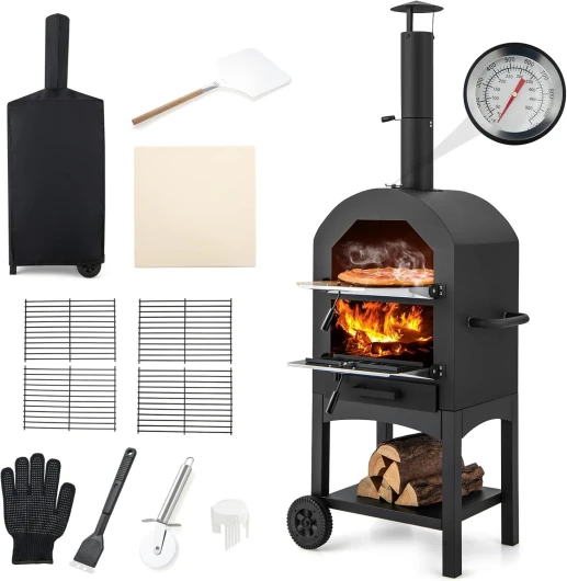 Four à Pizza Extérieur 162CM, Four à Pizza à Bois ou à Pellet, Cuisson Facile avec Thermomètre, Pierre à Pizza, Grilles, Pelle, Accessoires Complets, pour Camping, Fêtes, Barbecues Style 2
