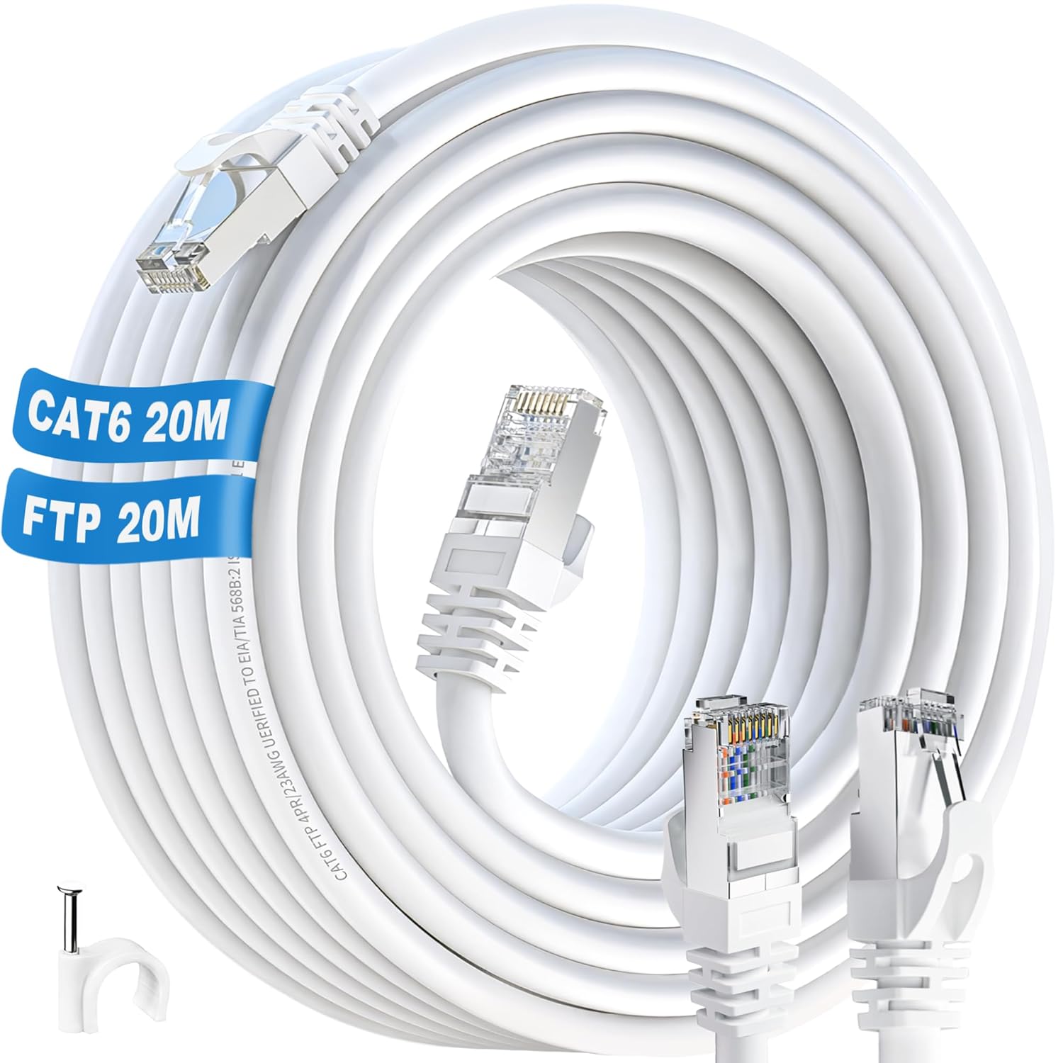 Ikbc Cable Ethernet 20m, Cable RJ45 Cat 6 20m FTP Blindé Câble Réseau 1000Mbps, Câble Internet Gigabit RJ45 20 mètres Extérieur Anti-interference LAN Câble Patch Blanc pour Router (20 Clips)