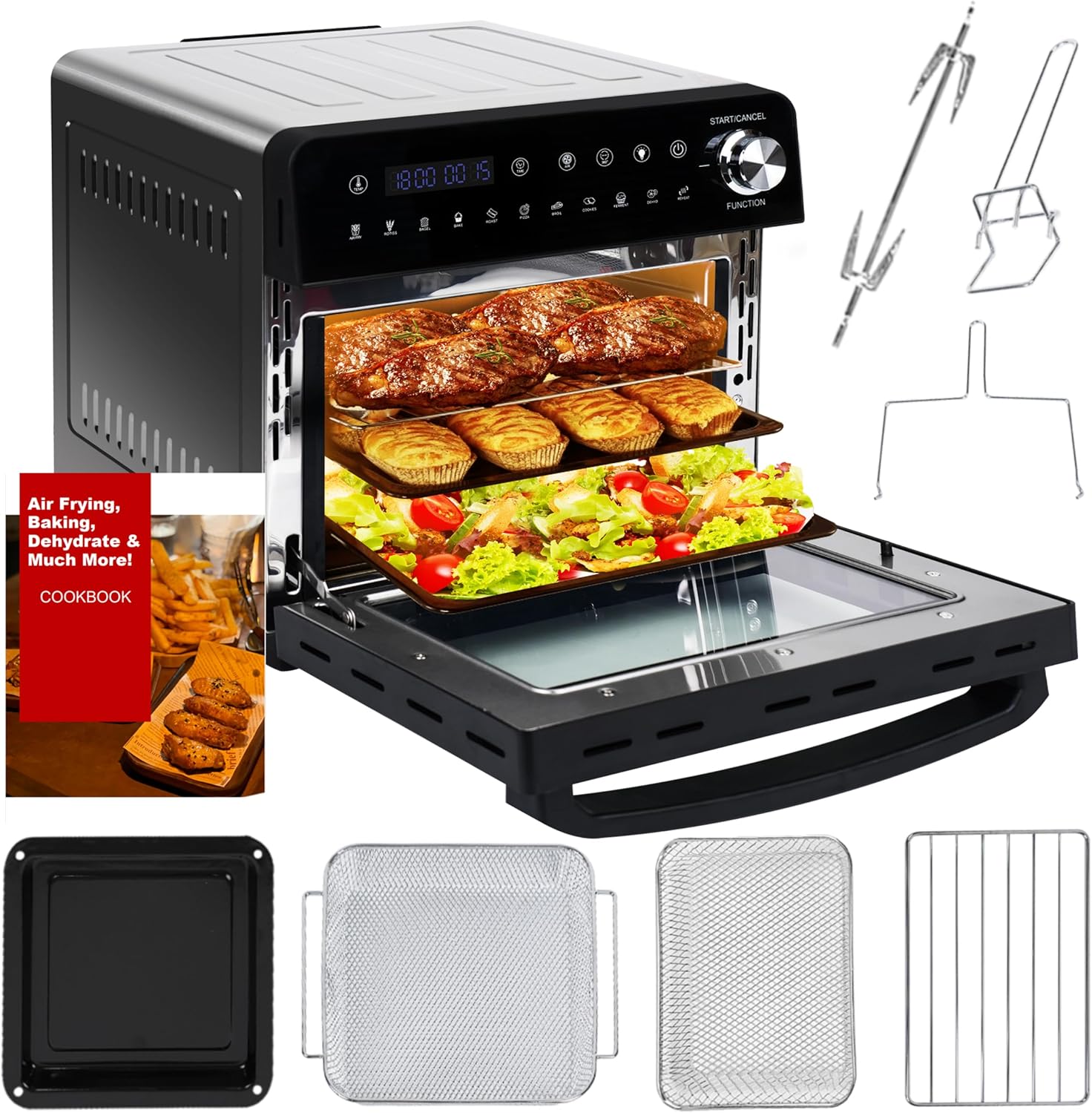 14L Mini Four Friteuse à Air - Friteuse à Air 1800W XXL avec Fenêtre visualisée, Écran Tactile Four 11 en 1 Température Max 210℃, Mini Four à Friteuse à Air Chaud av 7 Accessoires et Livre de Recettes 14 Litres