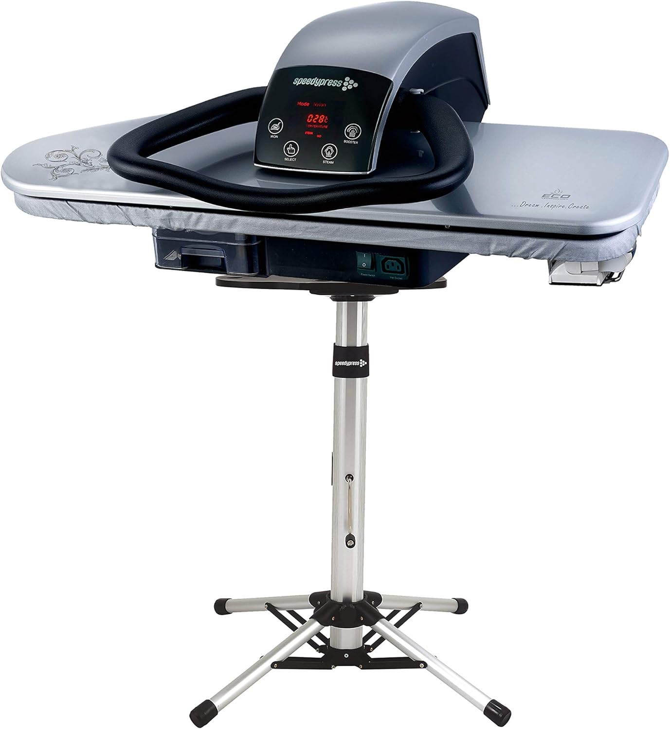 Speedypress 91HD Presse à Repasser à Vapeur Professionnelle Argenté 91cm avec Support (+ Fer à Repasser, Cartouche de Filtrage d'Eau Supplémentaire, Housse de Rechange et Mousse)